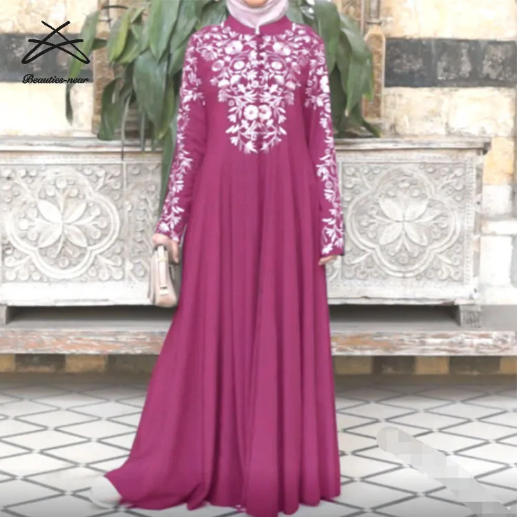 Plus Size Hot Design Ladies Yiwu New Style Turkish Long Sleeve Loose Maxi Printed Abaya Women Muslim Dress
