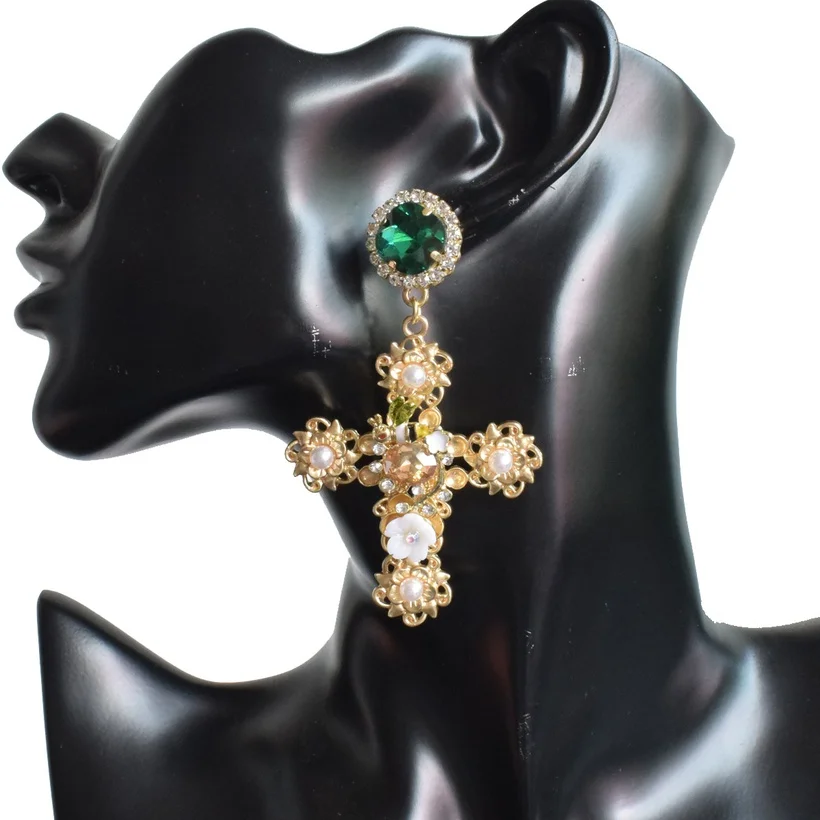 Stylish Temperament Elegant Personalized Retro Cross White Porcelain Flower Metal Earrings Jewelry Wholesale