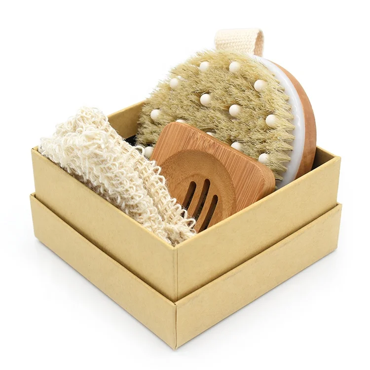 Durable Bath Brush Set Natural Bamboo Square Soap Dish Holder Wooden Silicone Massage Bath Brush With Soap Bag