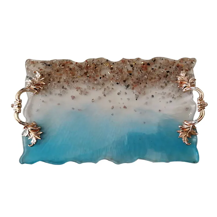 
Modern table decoration handle tray gold resin metal glass serving tray 