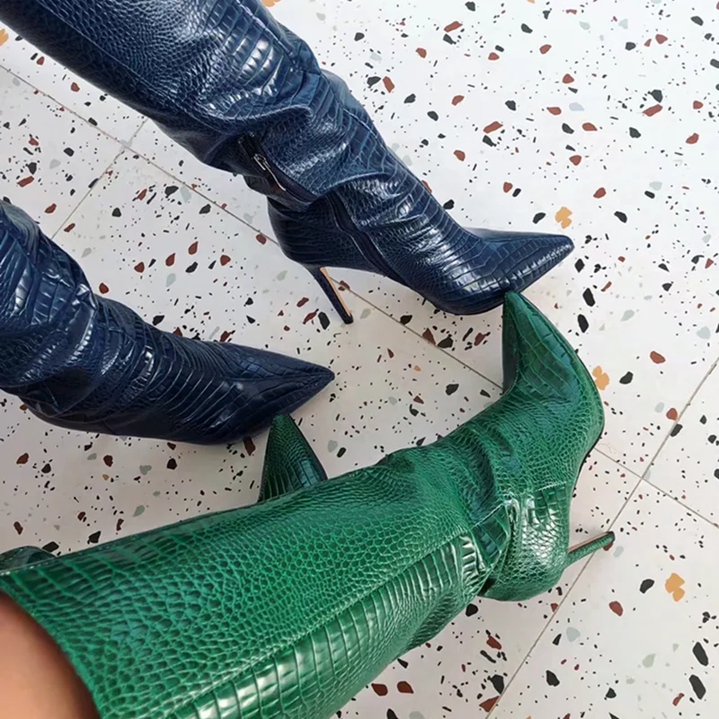 2020 Winter Solid Crocodile Print Pointed Toe Concise Women Boots Knee High New Fashion Dress Boots Half-Side Zip Plus Size 45
