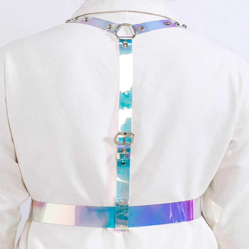 Women Laser Multicolor PVC Holographic Harness Belt Gothic Body Caged Iridescent Harness With Buckles