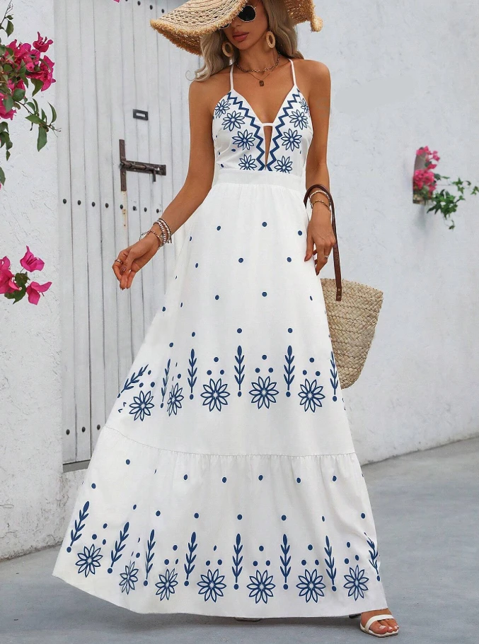 Wholesale Summer Floral Women Long Dress Custom Oem Vestidos Casual Modest Elegant Floral White Women Ladies Maxi Dress