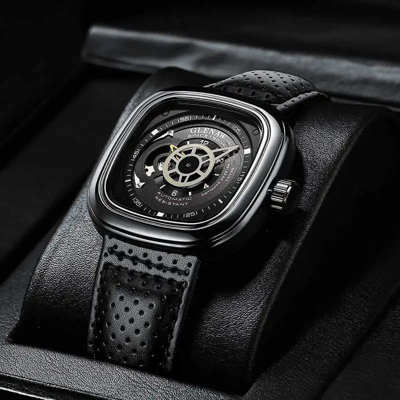 Trend Genuine Leather Strap Mechanical Watches Square Stainless Steel Automatic Watch Reloj Skeleton Mens Wrist Watches