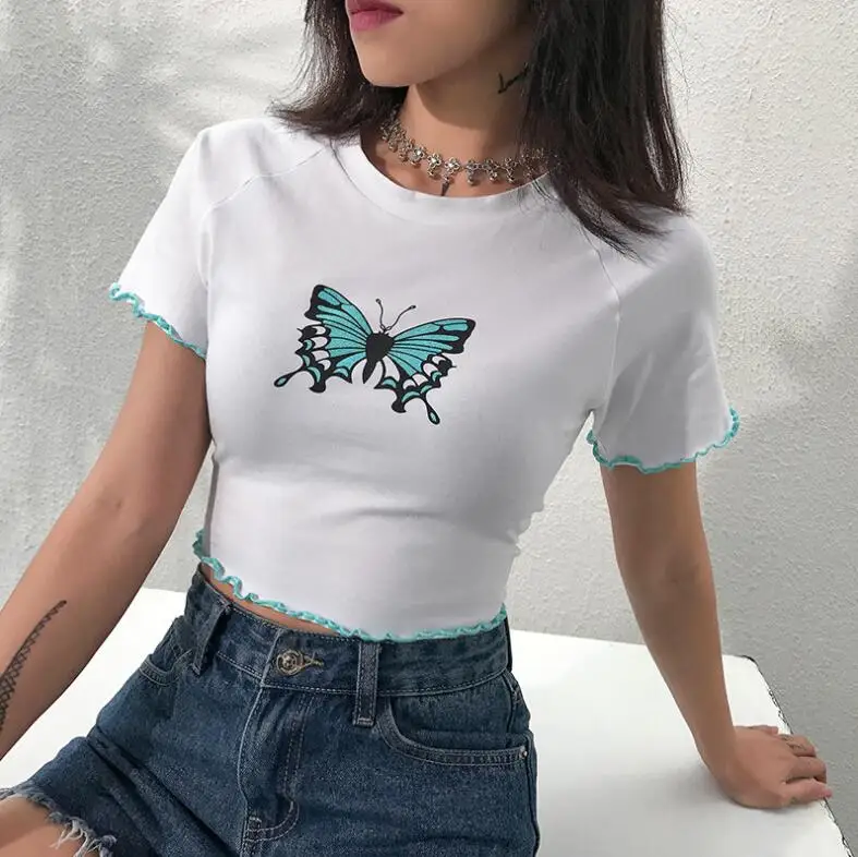 Summer Streetwear Casual butterfly printed ladies short sleeve cotton slim crop tops