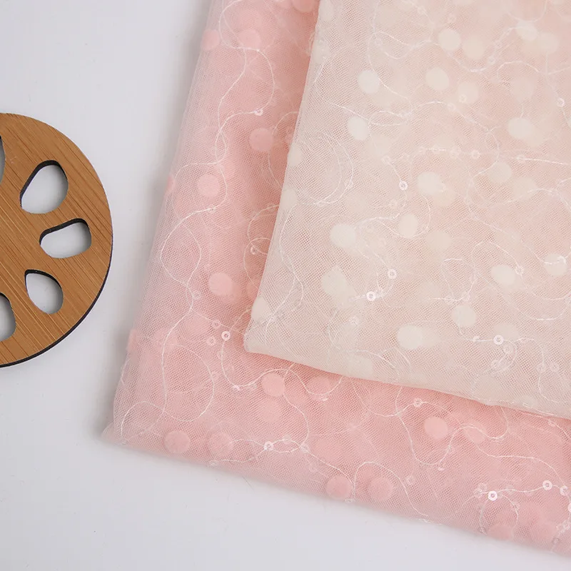 New design flocking lace fabric sparkle glitter tulle sequins fabric for woman children kid girls dress