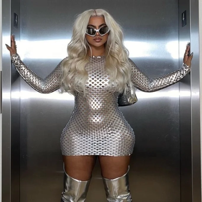 X09419C Metallic Shiny Silver Hollow Out Mini Dresses Women Sexy See Through O-Neck Long Sleeve Bodycon Dress 2023 Nightclub Wea