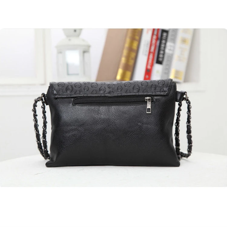 Vintage Punk Black Leather Skull Rivet Purse Pu Braided Iron Chain Handbag Women Crossbody Bag