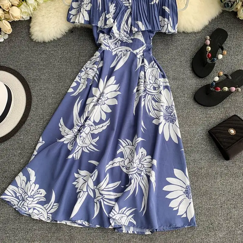 YP Ruffle Vintage Floral Print Summer Off Shoulder Midi Long Dress Party Women Casual Spaghetti Strap Beach Holiday Vestidos