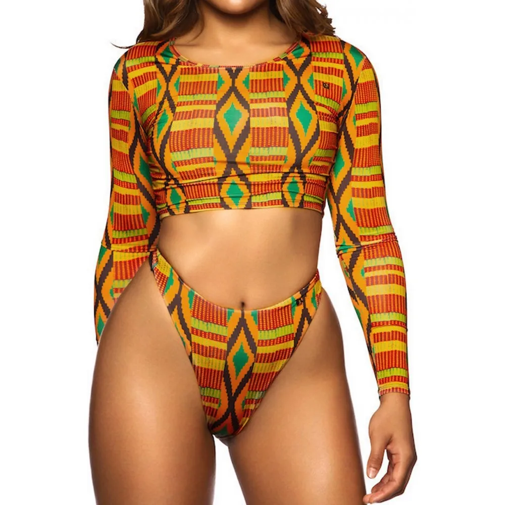 African Vintage Print Bikini Set Swimwear Swimsuit Sexy Retro Women High Waist Bottoms Swim Long Sleeve swimsuit Vendor