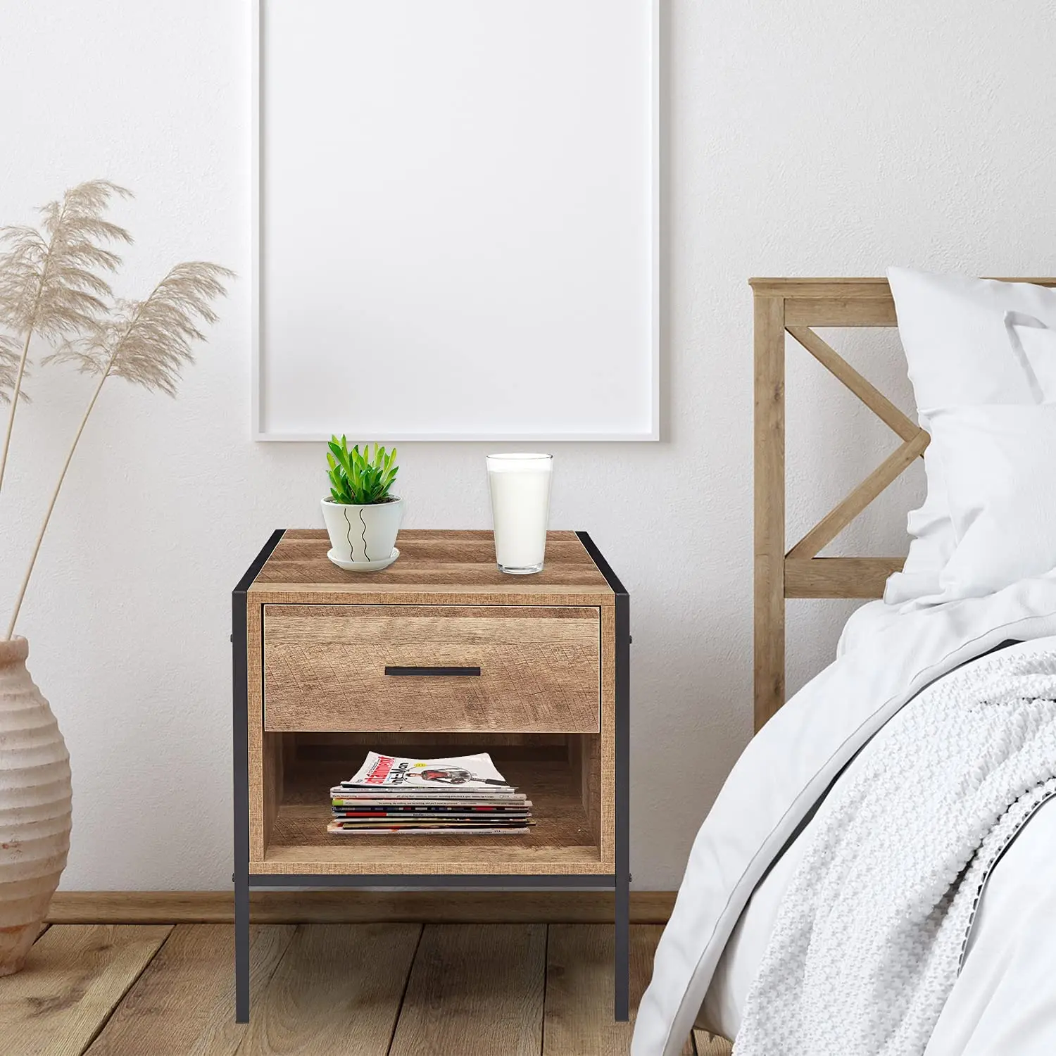 Drawer Storage Metal Frame Wooden Side Table Suitable For Bedroom In The Living Room Small Bedside Table