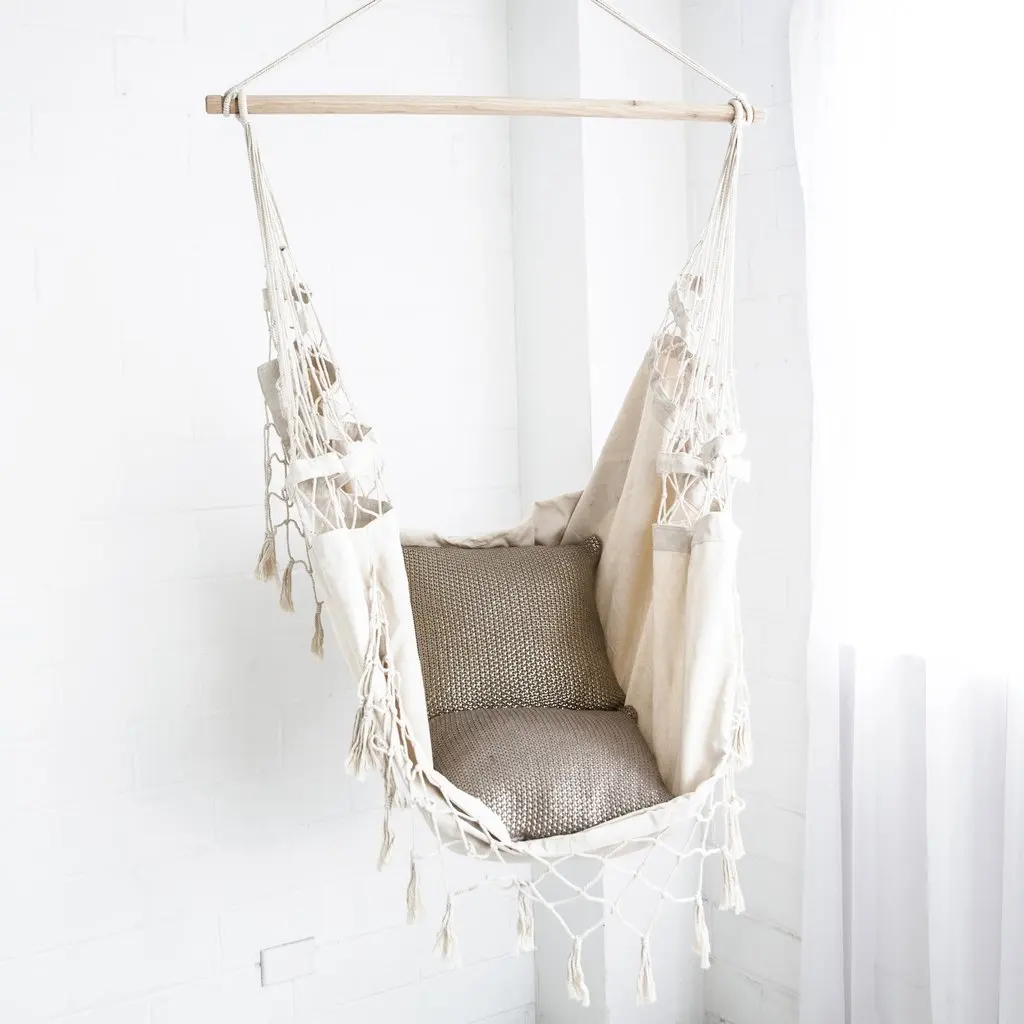 Handmade Tassels/Fringes Hammock Chair Hanging Rope Swing Large Macrame Hanging Chair with Side Pocket and Two Seat Cushion
