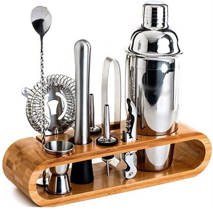 2022 hot selling Bamboo stand stainless steel 12 pcs cocktail accessory bartender kit metal bar tool set stainless steel bar set