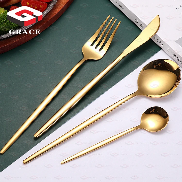 Nordic Commercial Stainless Steel Portuguese Cutlery Flatware Matte Gold Colored Sliverware Spoon Fork Set Dinner Knife