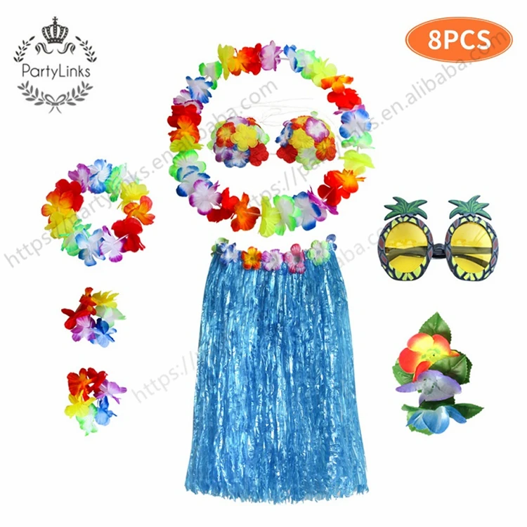 1set Plastic Fibers girls Woman Hawaiian Favors Grass Skirt Cheap costume Flower Hula Skirt 60cm dance dress Party Hawaii Beach