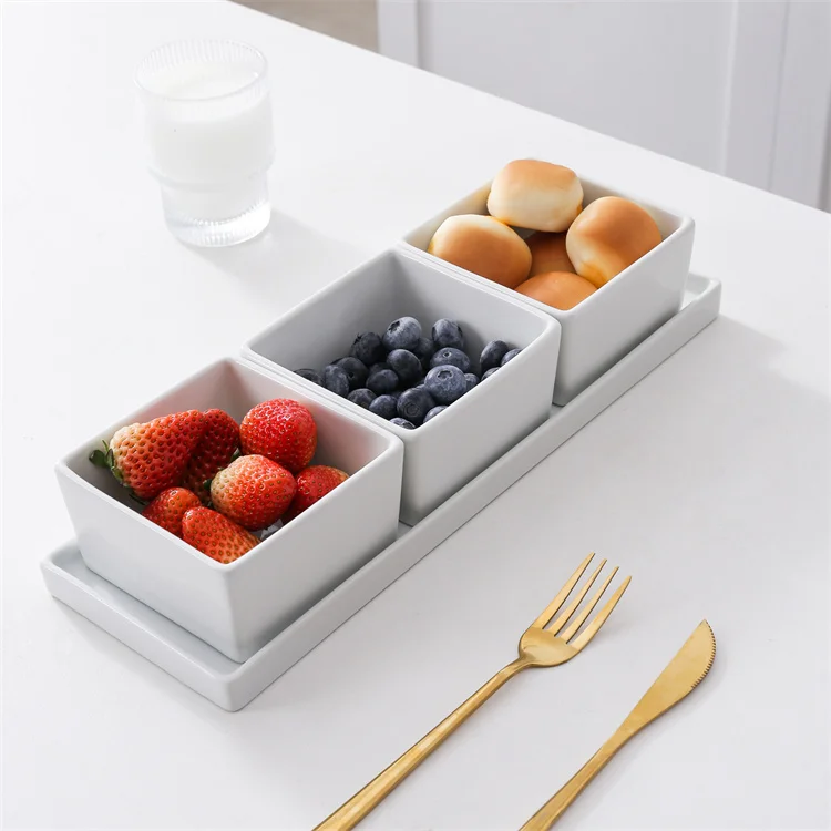 High quality durable nordic style white square tray serving set ceramic serving dishes for snack fruit appetizer