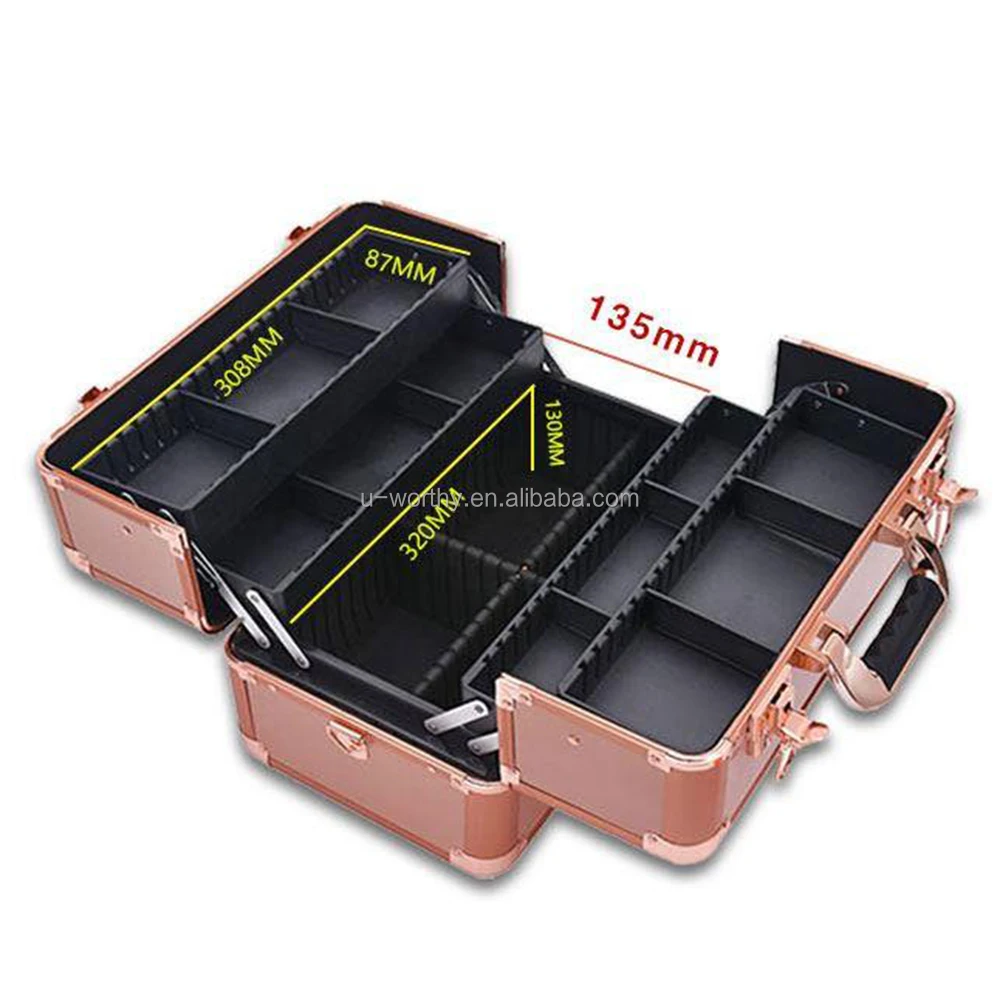 Instock Ready to Ship Easy Carrying Silvery Golden Color Multilayers Aluminum Cosmetic Case Vanity Case Make Up Case with Trays