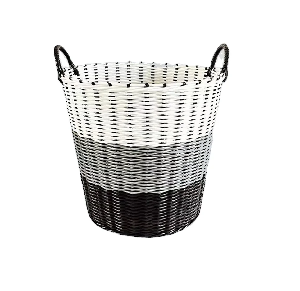 40010521Plastic Rattan Vines storage basket household Essentials tall round wicker laundry hamper PP woven laundry bin with hand