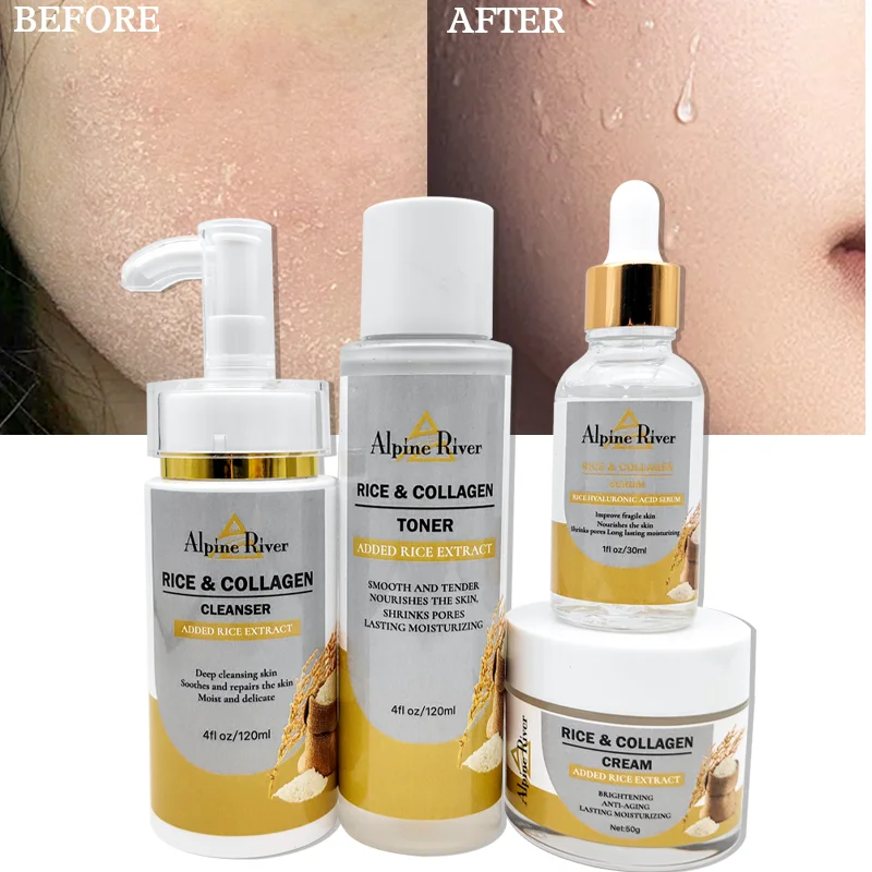Organic Vegan Facial Korean Rice Skin Care Whitening Rice Toner Cream Serum Skin Care Set For Dry Skin