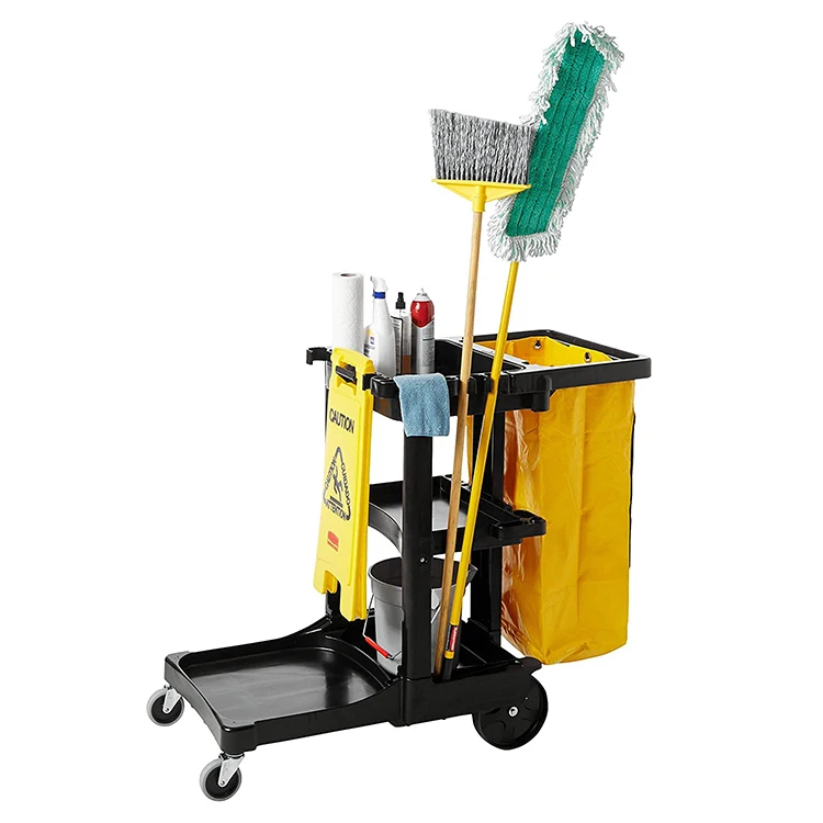Hotel Cleaning Products Black Janitorial 3-shelf Cart Wheeled With Zippered Yellow Vinyl