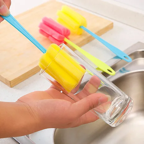 Long Handle Glass Cleaning Brush Bottle Tea Cup Sponge Cleaner Kitchen Tool Sponge Brush Random Color