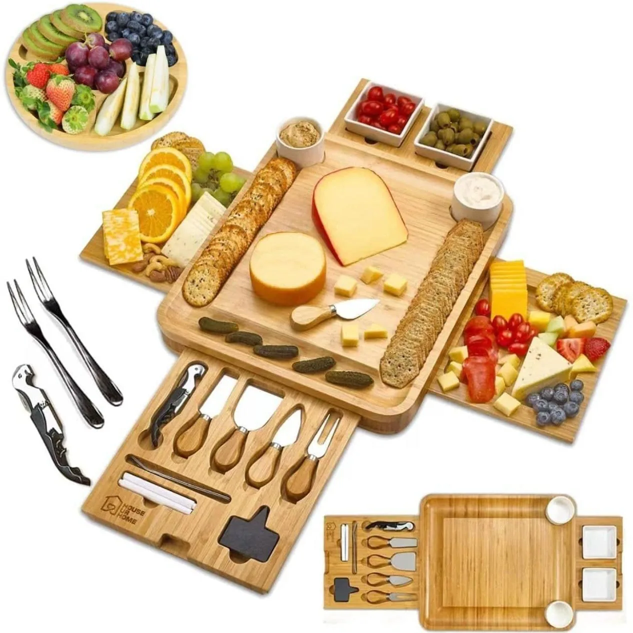 Wholesale rectangular wooden charcuterie cheese cutting board tray set home bamboo cheese board set with stainless steel knives