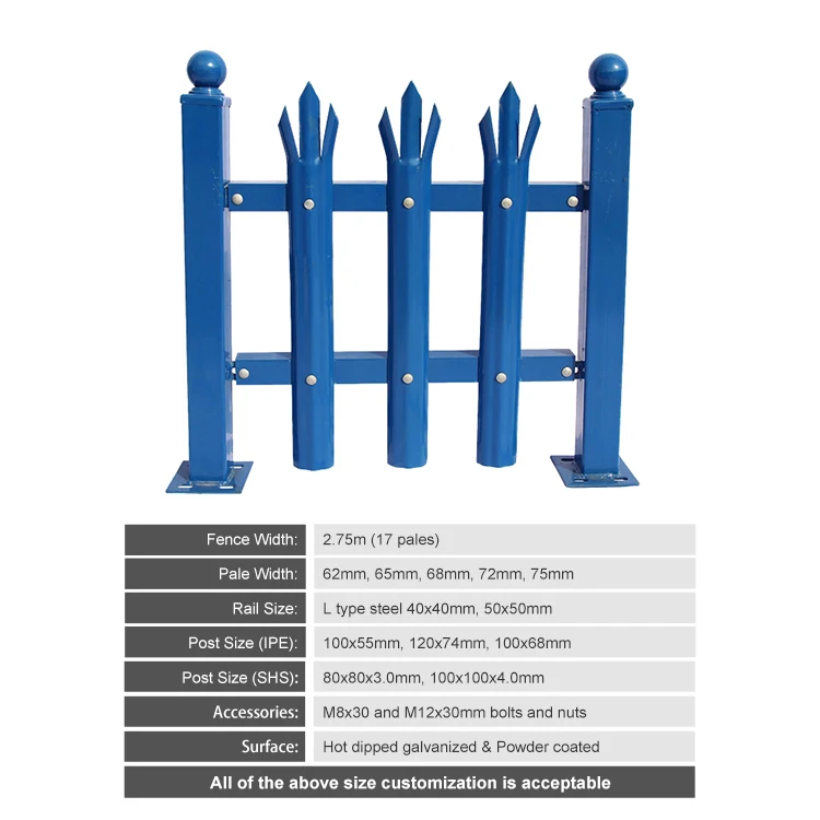 cheap low price powder coated 2.0m high steel palisade fencing ce approved palisade metal fence