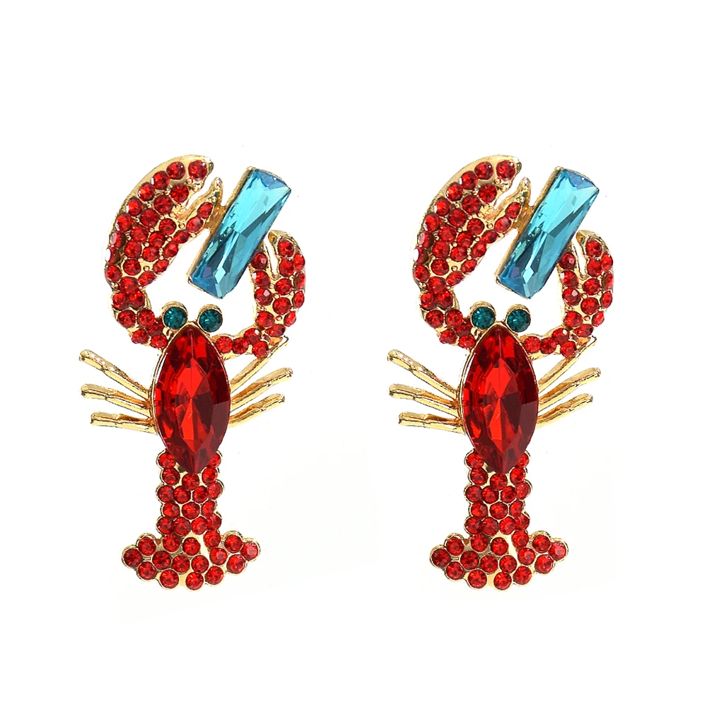 Wholesale Red Crystal Crayfish Dangle Earrings Fashionable Animal Shrimp Design Alloy Jewelry for Women for Gifts and Parties