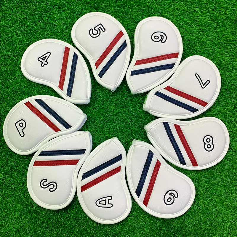 Factory supply White  PU  Leather  Red &Blue Stripes  Customized Logo Golf Club Iron Cover