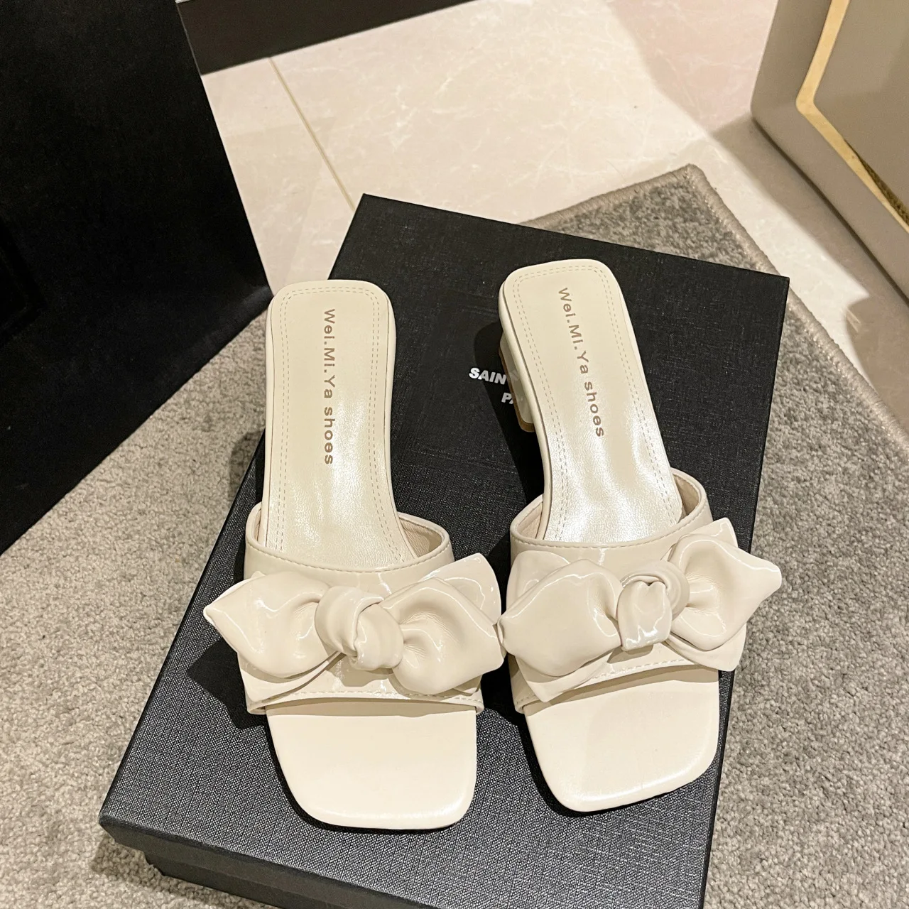 Summer New Fluffy Open Toe Indoor Slippers High-Heeled Sandals Wholesale Women Bow Slider Slippers