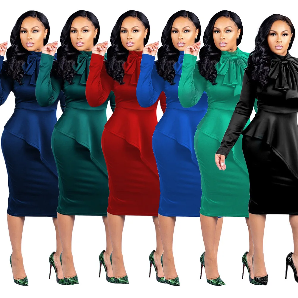 Women Solid New Design Office Ladies Ruffle Dress formal office Dress