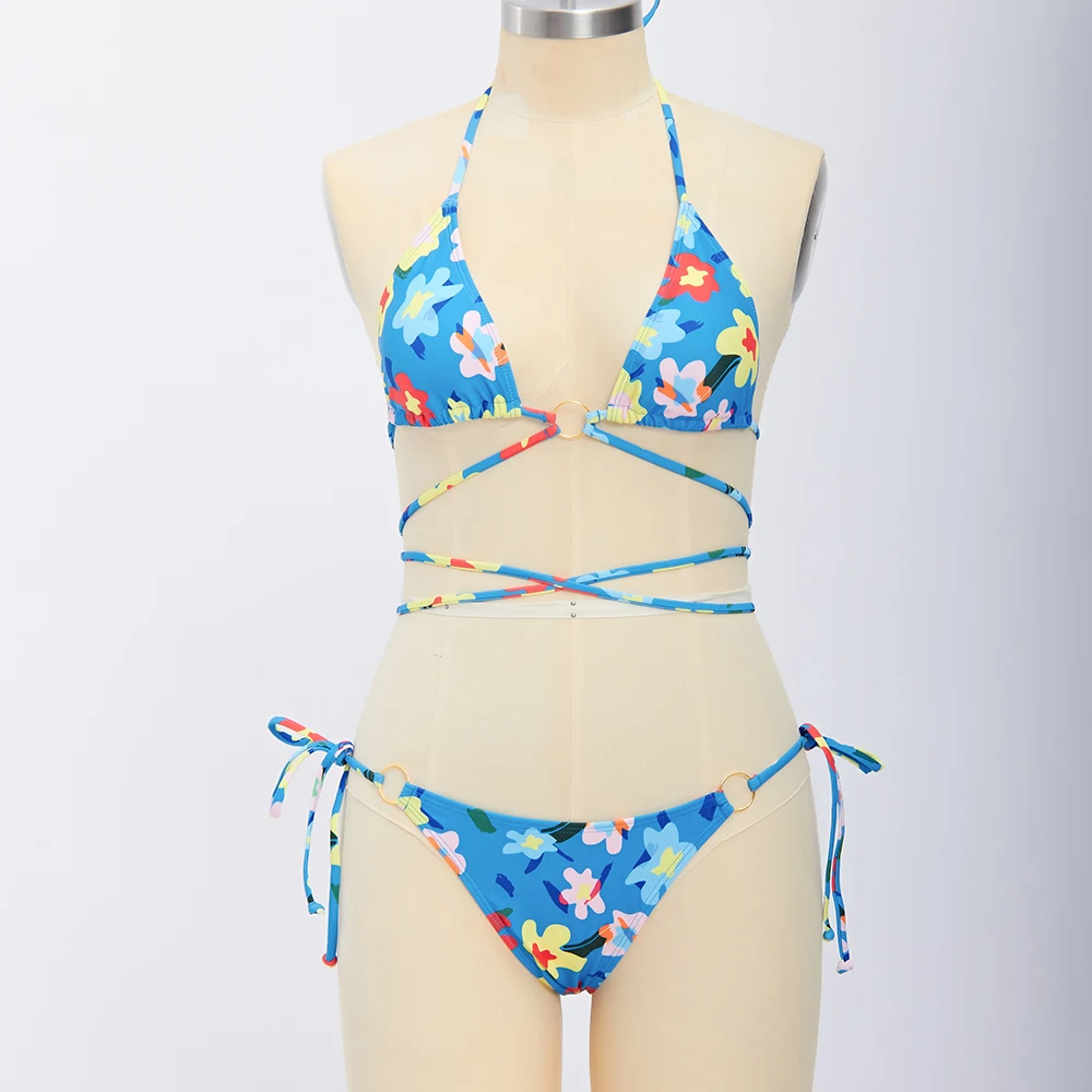 Young Women New Design High Cut Blue Pattern Sexy Open Thong Bikini Womens String Bandage Swimwear Bikini