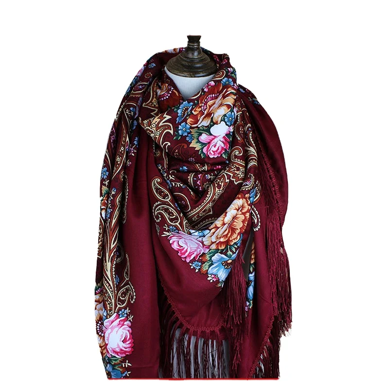 Wholesale Tassel fringe Printed Woman Hijab Wind Large Square Shawl Russian Scarf