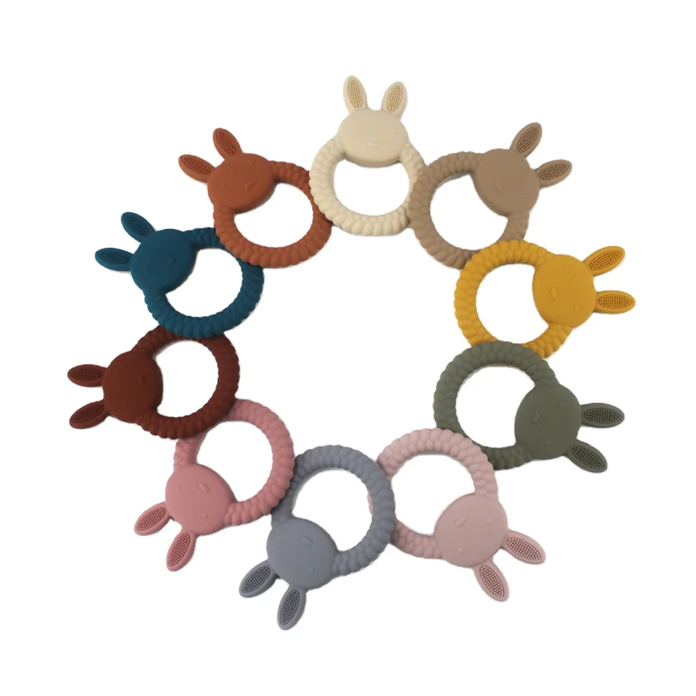 New Design OEM&ODM 0-24 months Buy Food Grade Infants Baby Chew Toys Rainbow Bunny Ring Silicone Teether Baby Teething
