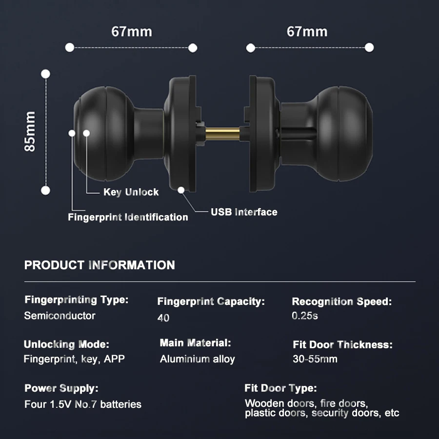 Tuya App Bluetooth Remote Control Black Biometric Fingerprint Intelligent Door Knob Smart Lock with Key For Bedroom