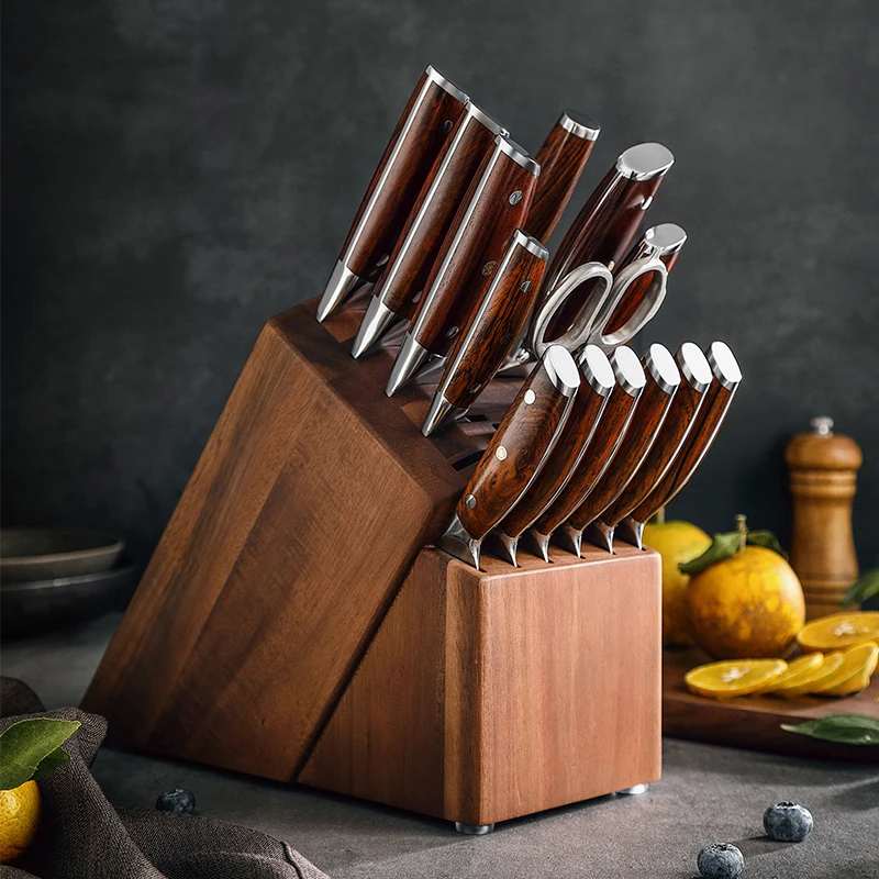 XINZUO 15 pcs Knives High Quality 10Cr Damascus Steel Sharp Kitchen Chef Knife Set with Sharpener Scissors wooden Block