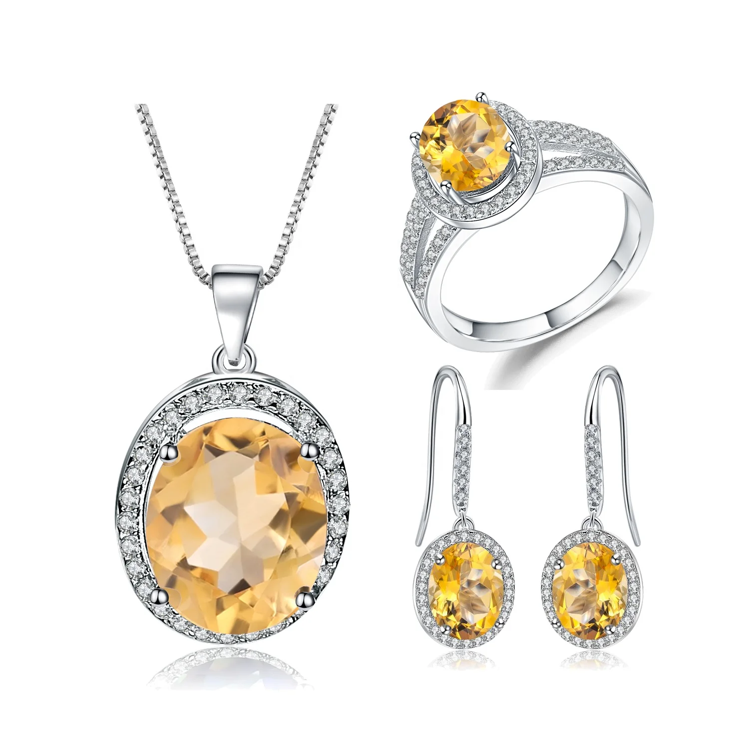 N0074 Abiding Cubic Zirconia Halo Natural Citrine Stone 925 Silver Pendant Earrings Ring Set For Bridal