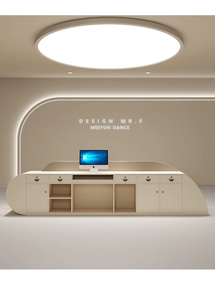 Wood Curve Reception Desk Beauty Salon For Hotel Spa Salon Desk With Storage Rack Office Furniture For Sale