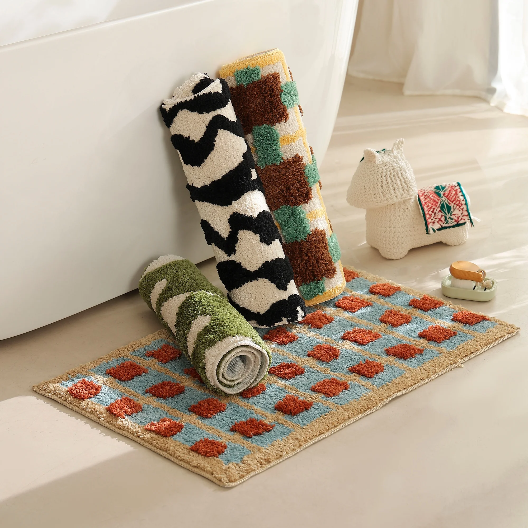 Vintage Checkered Bathroom Mat Microfiber Tufted Absorbent Bath Mat With TPR Non-slip Mat for Bath