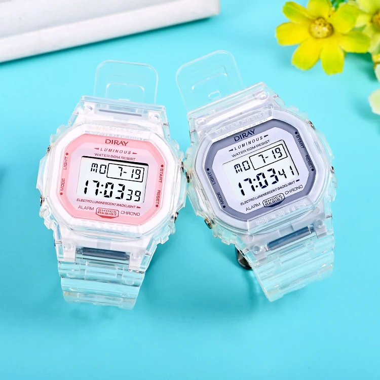 Transparent soft PU strap Cool  Alarm Timing Waterproof Square Display Date Digital Wrist Watch for women