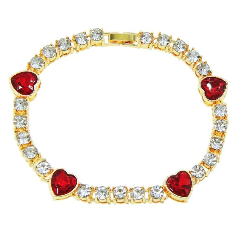 Latest style zinc alloy hip hop single row rhinestone and red heart glass bracelet for men and women