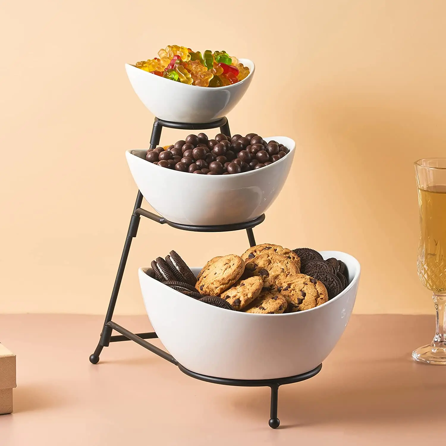 Factory Wholesale 3 Tier Appetizer Bowls White Chip and Dip Bowls Sauce Snack Dish  Ceramic Serving Bowl with Metal Stand
