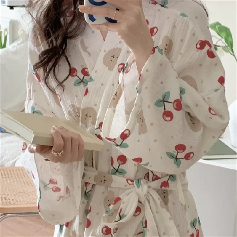 Women Long Sleeve Bath Robes 2024 Spring Autumn Cute Cartoon Bathrobe Female Casual Home Clothes Sexy Nightgown Sweet Kimono