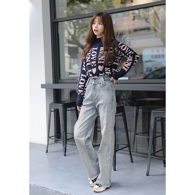 
RENI original contrast color logo letter towel embroidered long-sleeved middle-collar fashion wild warm sweater 