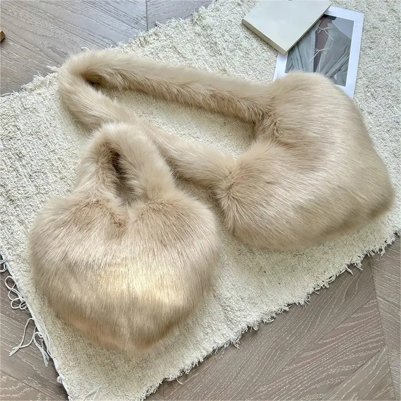 BUSY GIRL RS4752 Faux fox Fur Heart Shaped Bags for Women Fashion pink Khaki Furry Fuzzy Fluffy Crossbody Tote Bags