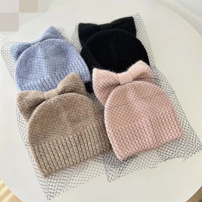 hot sell new fashion womans beanie winter hats Chunky Stretch Knitted Beanie Hat Skull Thick Ski hat with bowknot & mesh veil