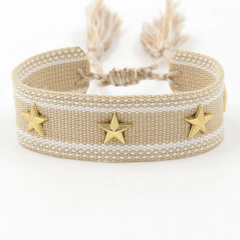 Metal star rivet ribbon woven tassel wrist strap with tassel handmade woven bracelet with texts