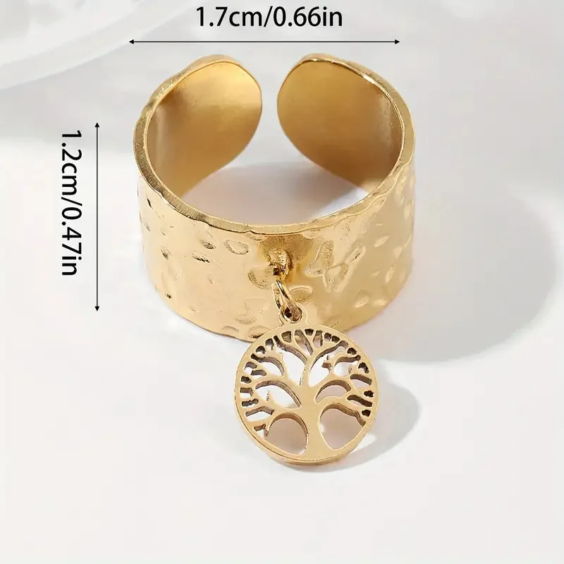 Custom 18K Gold Plated Life Tree Infinite Mobius Charm Finger Rings Stainless Steel Hammer Wide Open Ring Jewelry OEM/ODM