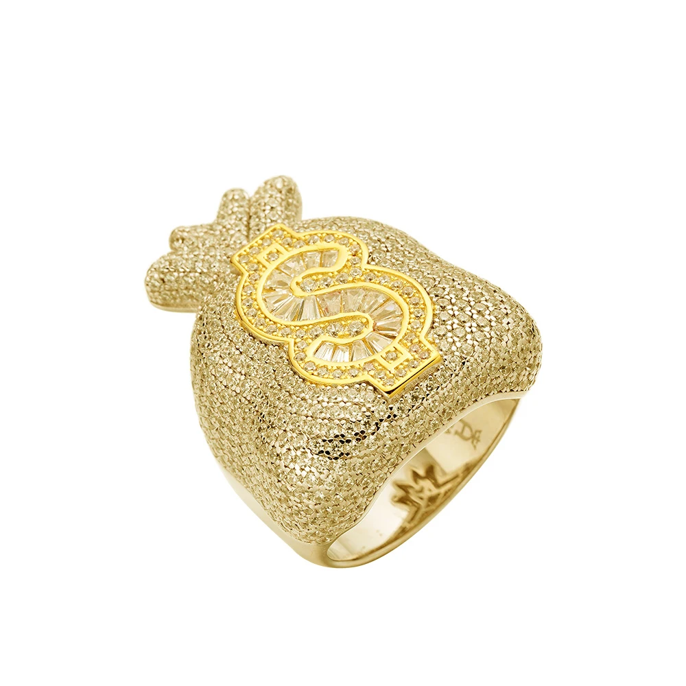 Hip Hop Iced Out Cz Moissanite Diamond Baguette Money Bag Dollar Symbol Sign 14K Gold Plated Rapper Fashion Jewelry Rings