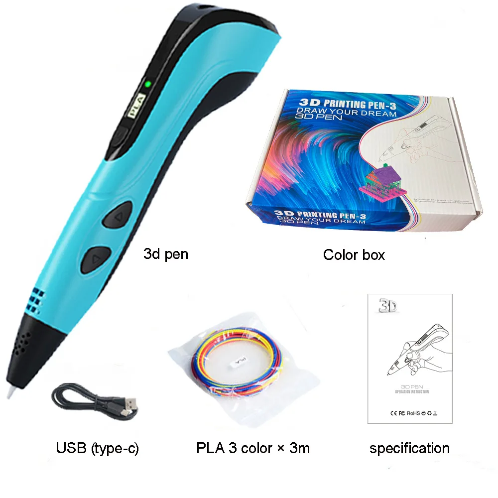 NEW 3D Printing Pen With 10colors*5m PLA Filament Refill and Stencil DIY 3D Printer Drawing Pens Gift